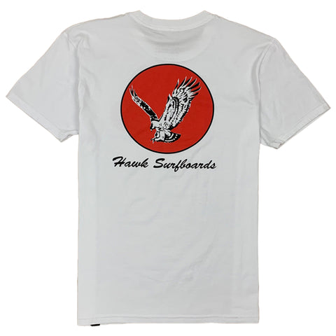 White t-shirt with a red circle featuring an eagle and 'Hawk Surfboards' text on a white background
