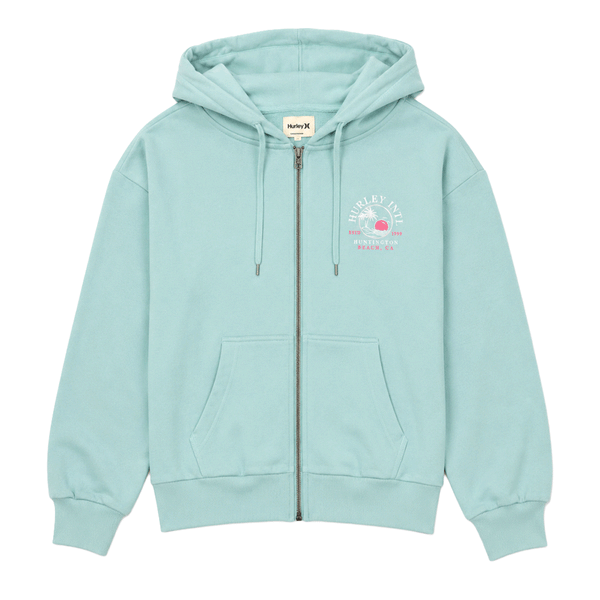 Mint color Women's zip-up hoodie with small Hurley Huntington Beach logo on the left chest.