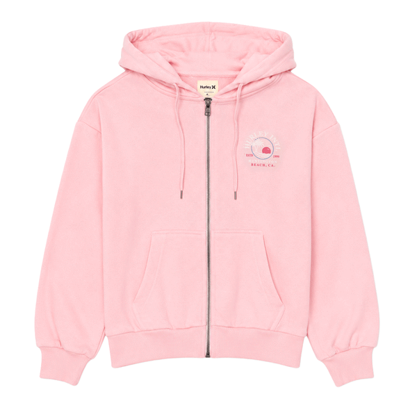 pink Women's zip-up hoodie with small Hurley Huntington Beach logo on the left chest.