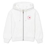 White Women's zip-up hoodie with small Hurley Huntington Beach logo on the left chest.