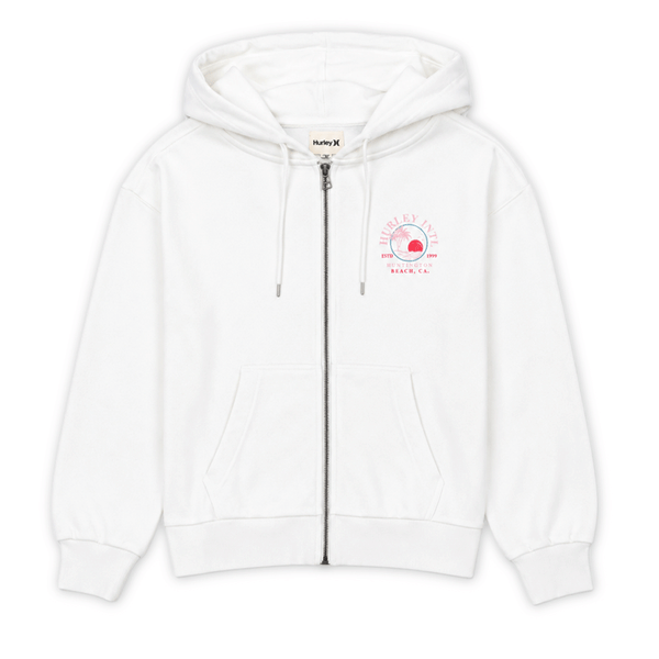 White Women's zip-up hoodie with small Hurley Huntington Beach logo on the left chest.