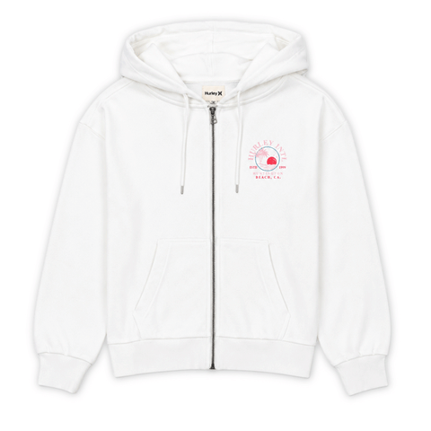 White Women's zip-up hoodie with small Hurley Huntington Beach logo on the left chest.