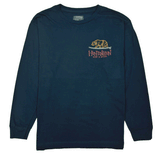 dark navy long sleeve tee with brown white and red logo