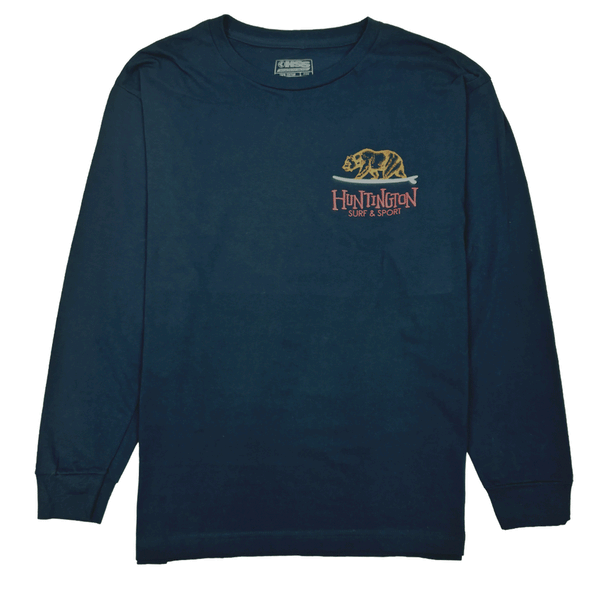 dark navy long sleeve tee with brown white and red logo