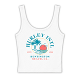 White Hurley women's baby fit tank top with colorful Huntington Beach palm tree and sunset graphic on the front.