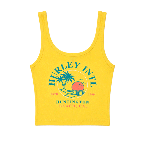 Yellow Hurley women's baby fit tank top with colorful Huntington Beach palm tree and sunset graphic on the front.