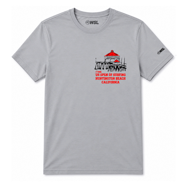 front view of a light gray US Open of Surfing t-shirt laid flat. The chest graphic features an illustration of the Huntington Beach Pier with bright red rooftops above bold red text reading "US Open of Surfing Huntington Beach California." The shirt is made from medium-weight cotton and showcases a clean surf-inspired design celebrating Huntington Beach's iconic surf culture.