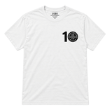 front of white t-shirt with black logo that reads 10 years 2016-2026 on the chest
