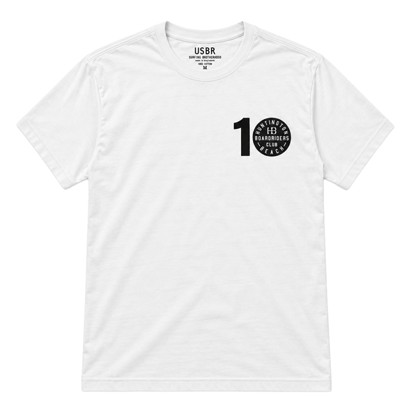 front of white t-shirt with black logo that reads 10 years 2016-2026 on the chest