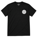 front of regular fit black t-shirt with a small white HB Boardriders logo on the chest