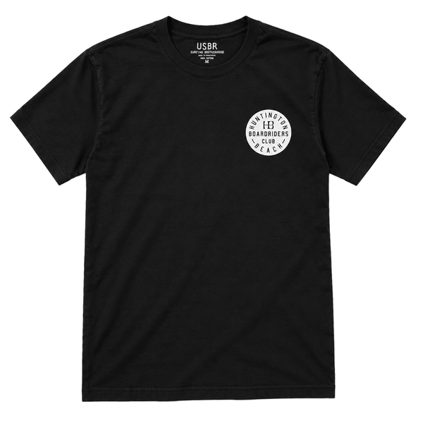 front of regular fit black t-shirt with a small white HB Boardriders logo on the chest