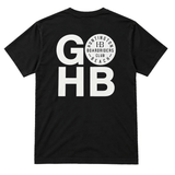 back of black regular fit t-shirt that says GO HB in white. the O is the HB Boardriders logo