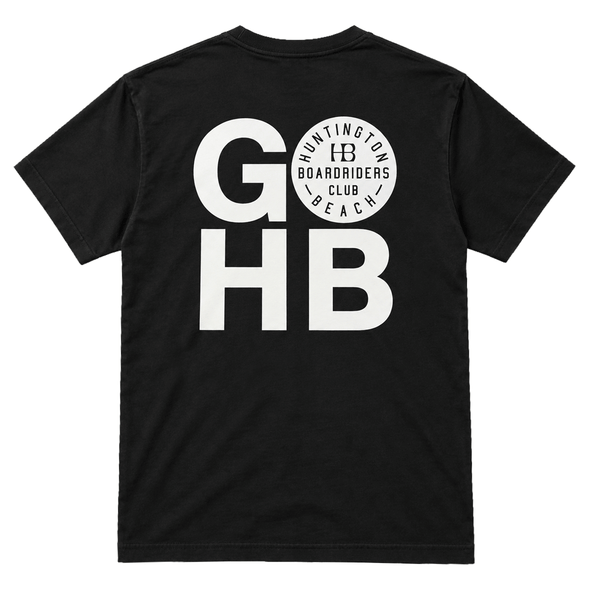 back of black regular fit t-shirt that says GO HB in white. the O is the HB Boardriders logo