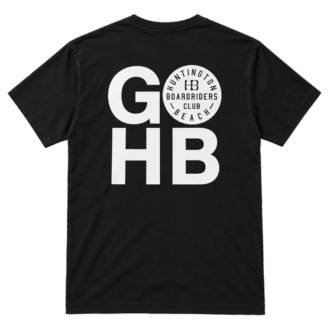 back of black regular fit t-shirt that says GO HB in white. the O is the HB Boardriders logo
