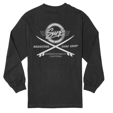 Black long-sleeve shirt with white graphic and text on a white background