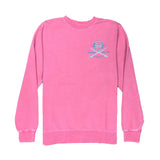 Pink sweatshirt with a logo on the chest against a white background