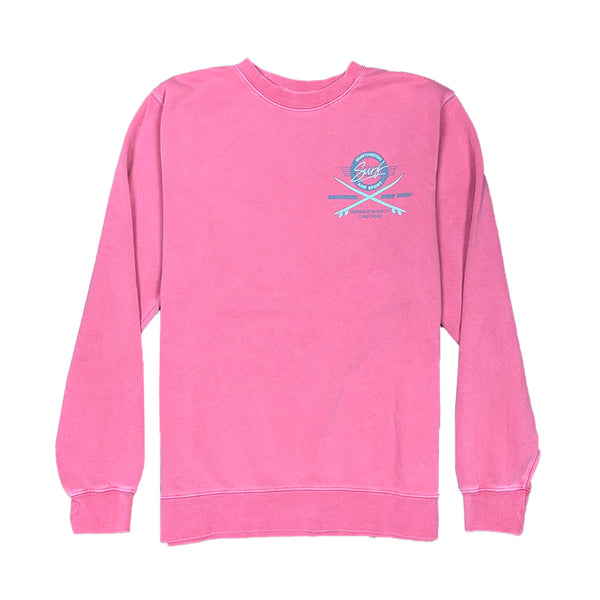 Pink sweatshirt with a logo on the chest against a white background