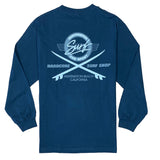Navy blue long-sleeve shirt with white graphic on the back on a white background