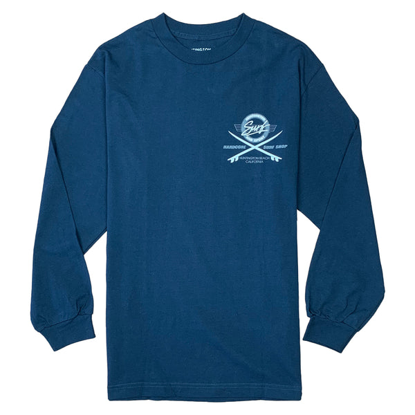 Blue long-sleeve shirt with a logo on a white background