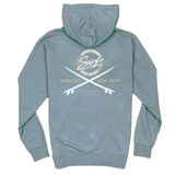 Blue hoodie with white graphics and text on a white background