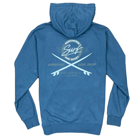 Blue hoodie with white graphics and text on a white background