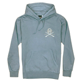 Blue hoodie with a logo on the chest against a white background