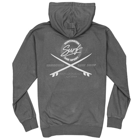 Gray hoodie with a logo on the back on a white background