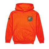 Orange hoodie with a logo on the chest against a white background