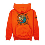 Orange hoodie with a logo on the back on a white background