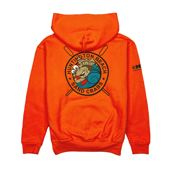Orange hoodie with a logo on the back on a white background
