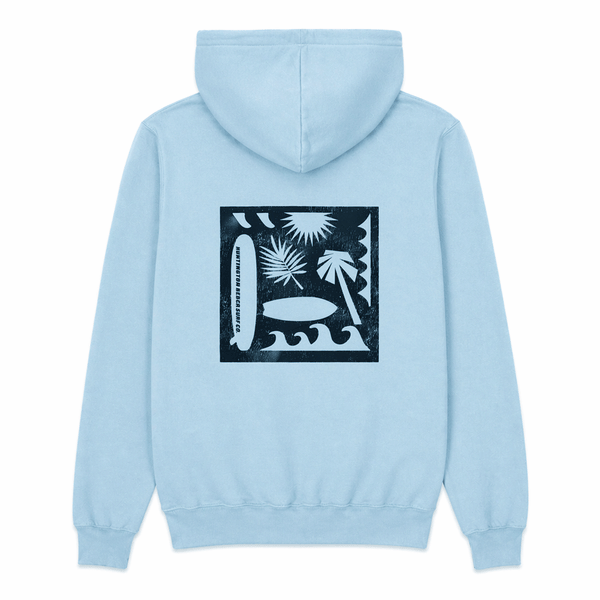 back of light blue hooded sweatshirt with silhouette of surfboards trees and waves