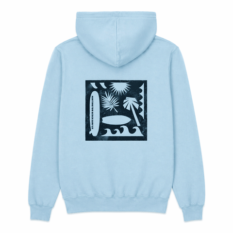 back of light blue hooded sweatshirt with silhouette of surfboards trees and waves