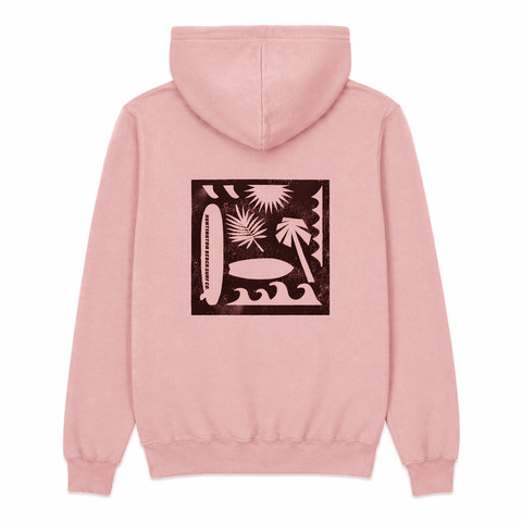 back of pink hooded sweatshirt with silhouette of surfboards trees and waves