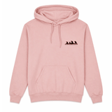 front of pink hoodie with grey logo on chest