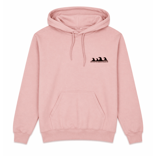 front of pink hoodie with grey logo on chest