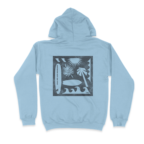 back of light blue hooded sweatshirt with silhouette of surfboards trees and waves