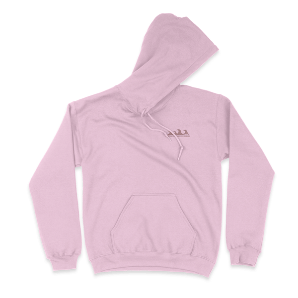 front of pink hoodie with grey logo on chest