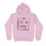 back of pink hooded sweatshirt with silhouette of surfboards trees and waves