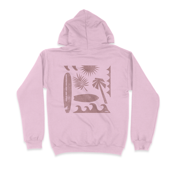 back of pink hooded sweatshirt with silhouette of surfboards trees and waves