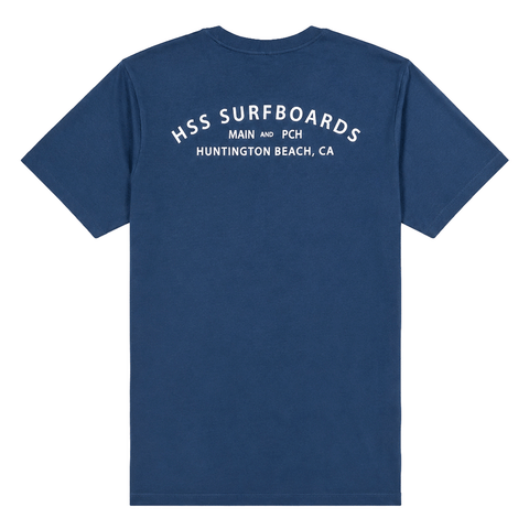 back of blue t shirt with text across the back " HSS Surfboards Main and PCH Huntington Beach, Ca