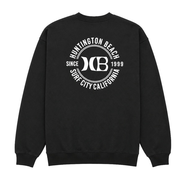 Black crewneck sweatshirt with a white HB back logo on a white background.