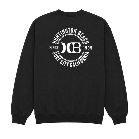 Black crewneck sweatshirt with a white HB back logo on a white background.