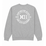 Heather grey crewneck sweatshirt with a white HB back logo on a white background.