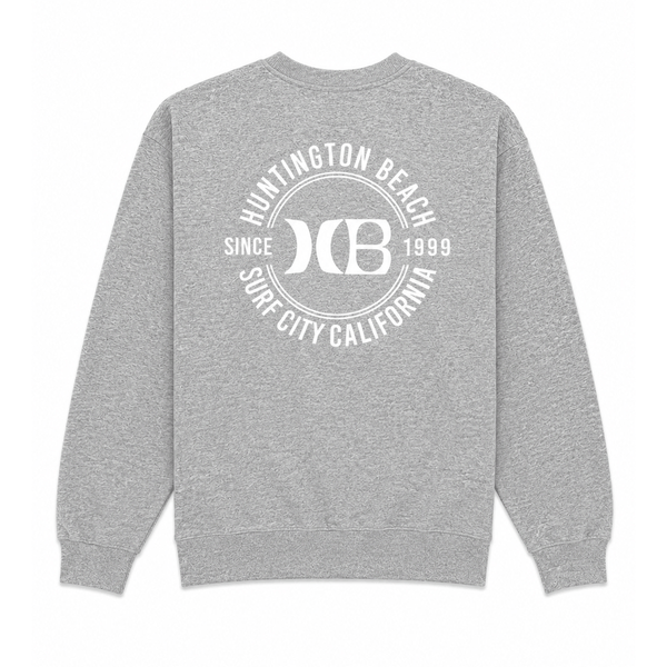 Heather grey crewneck sweatshirt with a white HB back logo on a white background.