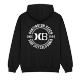Black hooded sweatshirt with a white HB back logo on a white background.