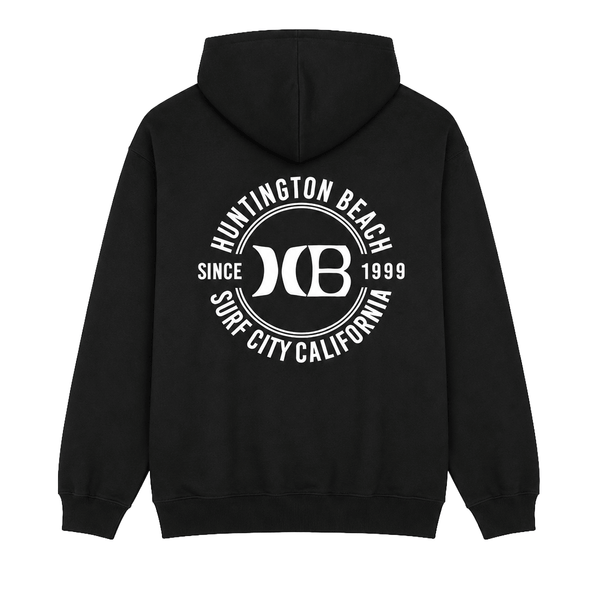 Black hooded sweatshirt with a white HB back logo on a white background.