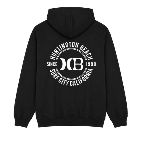 Black hooded sweatshirt with a white HB back logo on a white background.