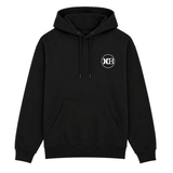 black Huntington Beach hooded sweatshirt with a small white HB logo on the chest, shown on a white background.
