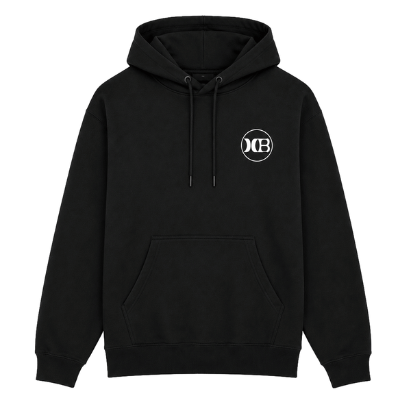 black Huntington Beach hooded sweatshirt with a small white HB logo on the chest, shown on a white background.

