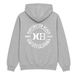 Grey hooded sweatshirt with a white HB back logo on a white background.